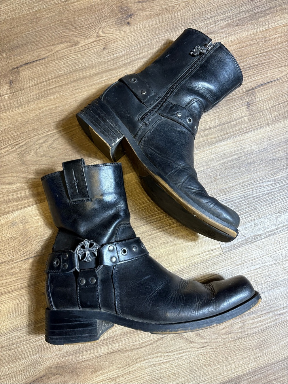 Men’s Mark Nason Black Leather Studded Harness Biker Boots